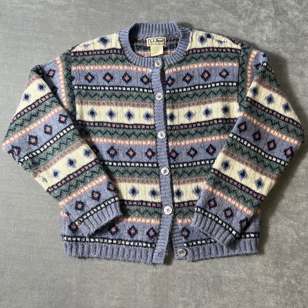 Vtg LL Bean Fair Isle Cardigan Sweater Blue Geometric Knit Button Front Crewneck